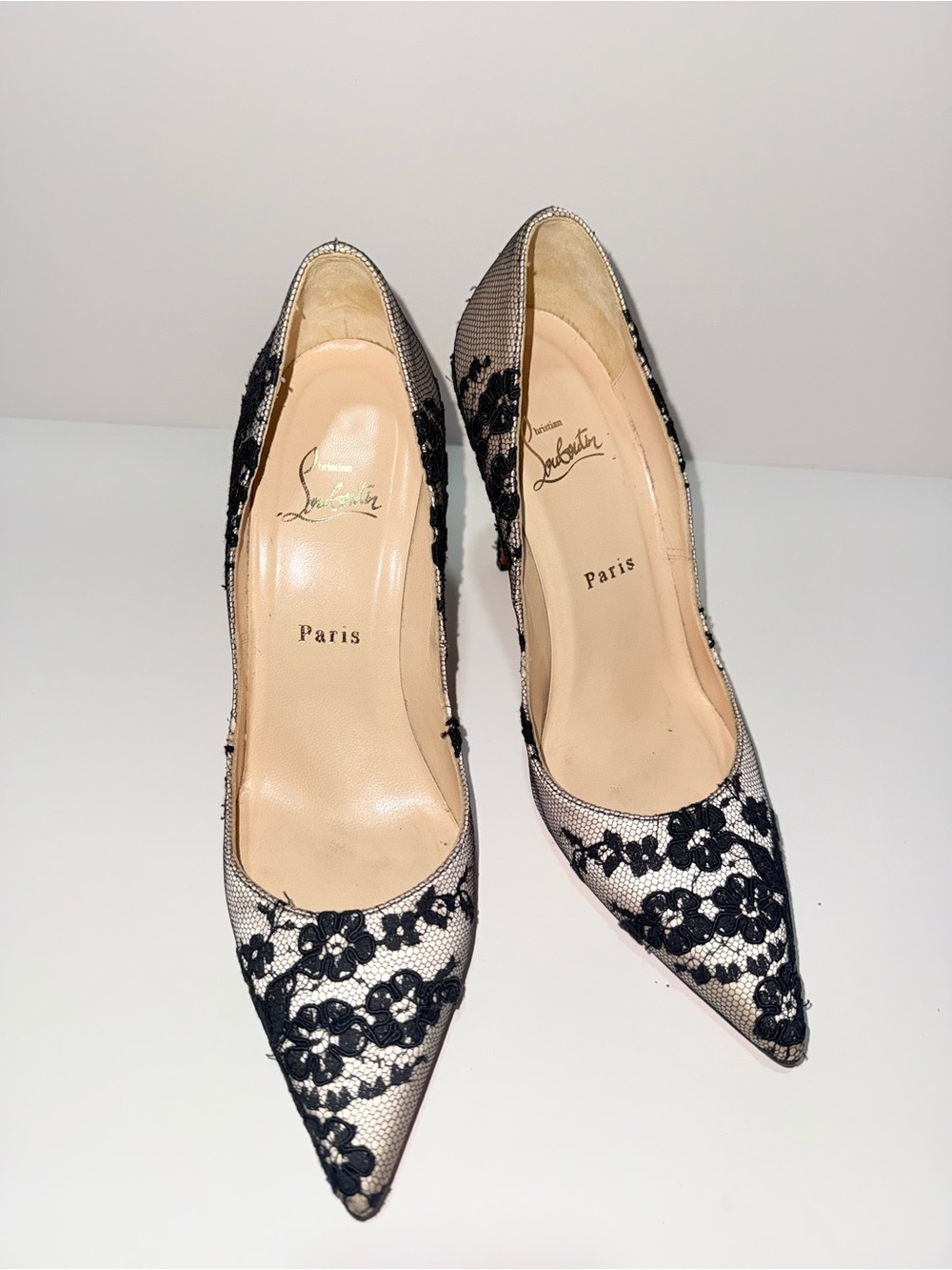 Christian Louboutin Black Lace Pointed-Toe Pumps with Nude Interior